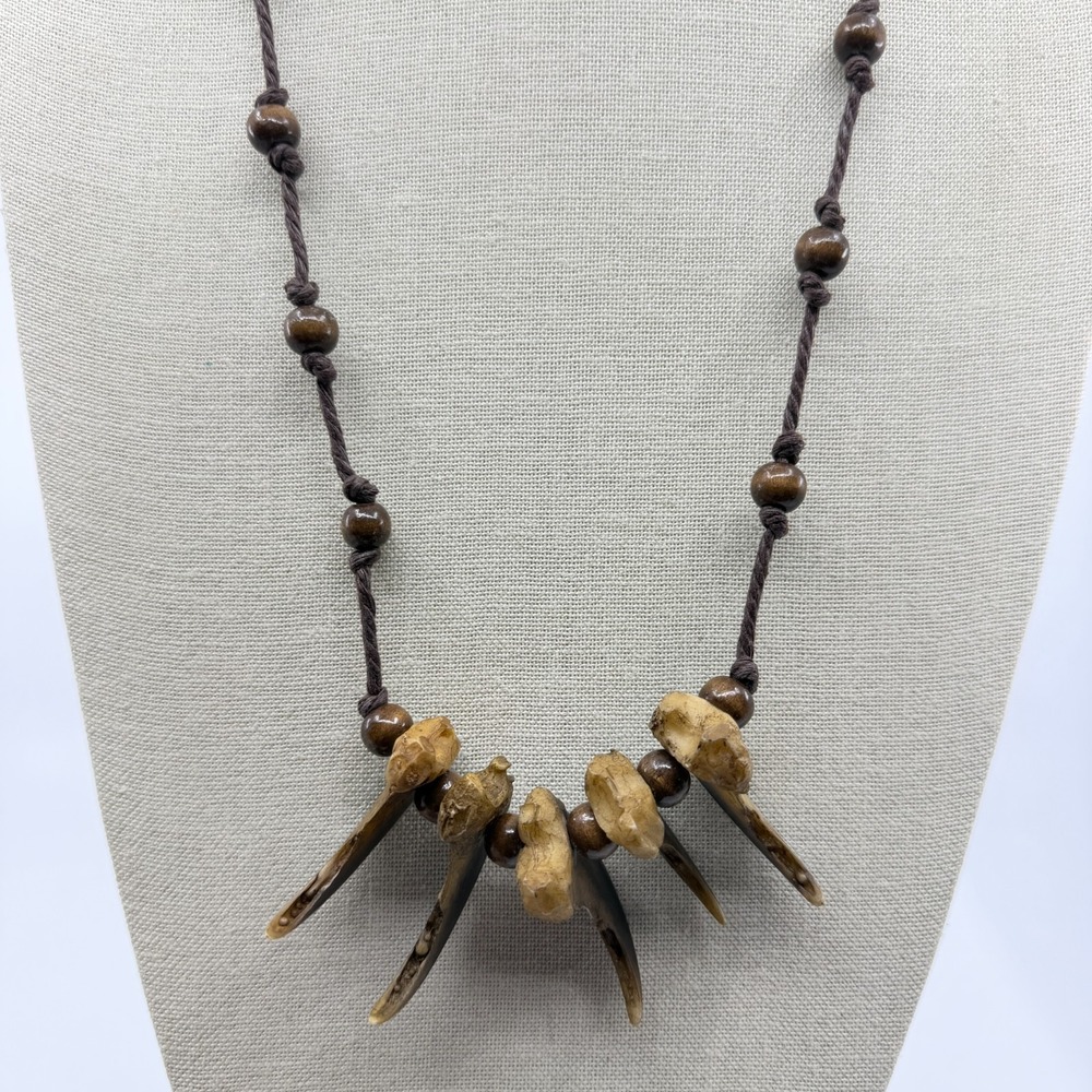 Animal Claw Look Bone Pendant Wood Bead Brown Cord Necklace Tribal Gothic Boho